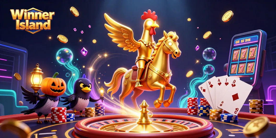 Experience the thrill of Winner Island with a golden rooster and casino elements swirling around in a vibrant scene.