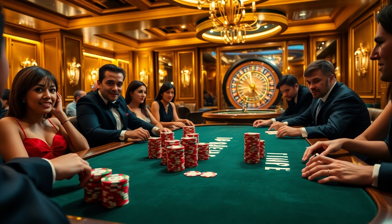 Hitclub players enjoy an exciting poker game with vibrant chips and cards in a luxurious casino.