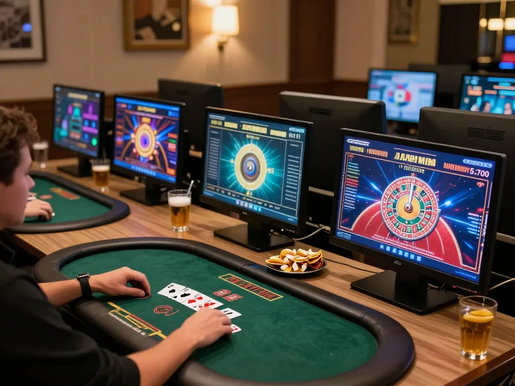 Person enjoying online gaming at home using MAX88 platform, surrounded by vibrant screens displaying casino games.