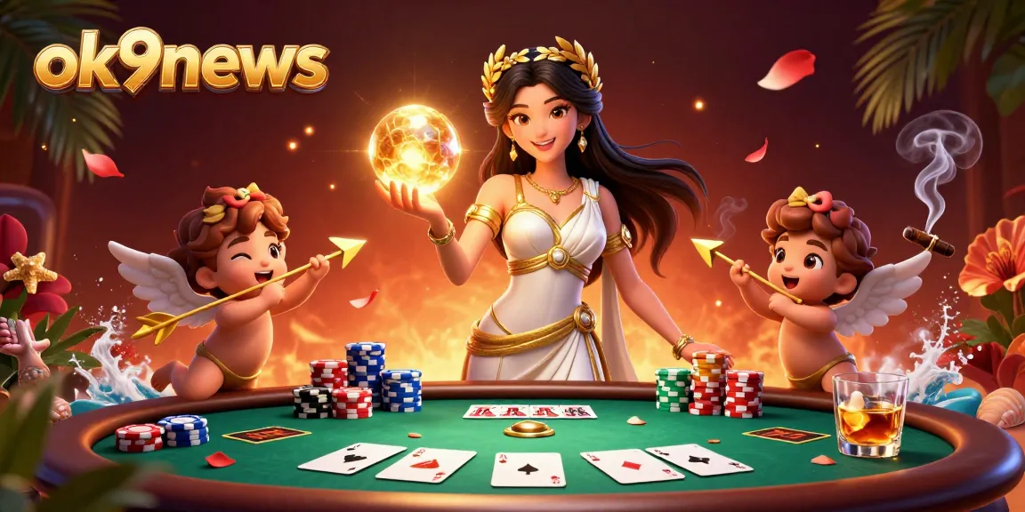 Experience thrilling gaming at ok9news with a 3D goddess and Cupid cherubs surrounded by poker elements.