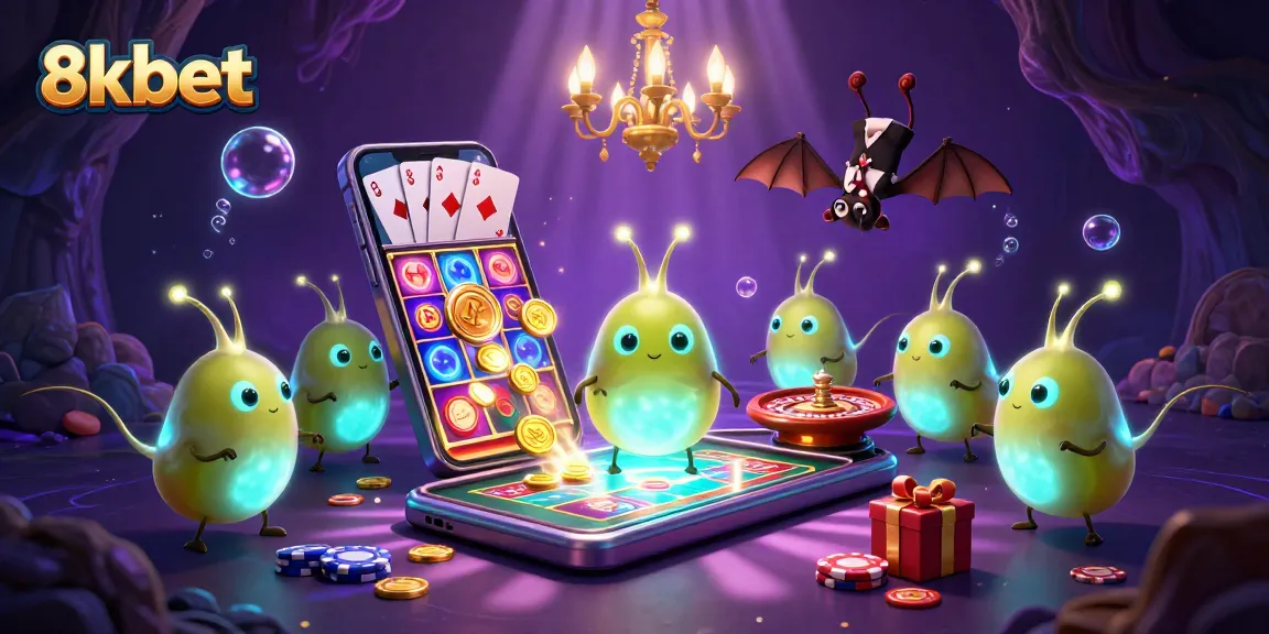 Experience thrilling gameplay at 8kbet with a vibrant illustrated casino scene featuring glowing characters and animated elements.