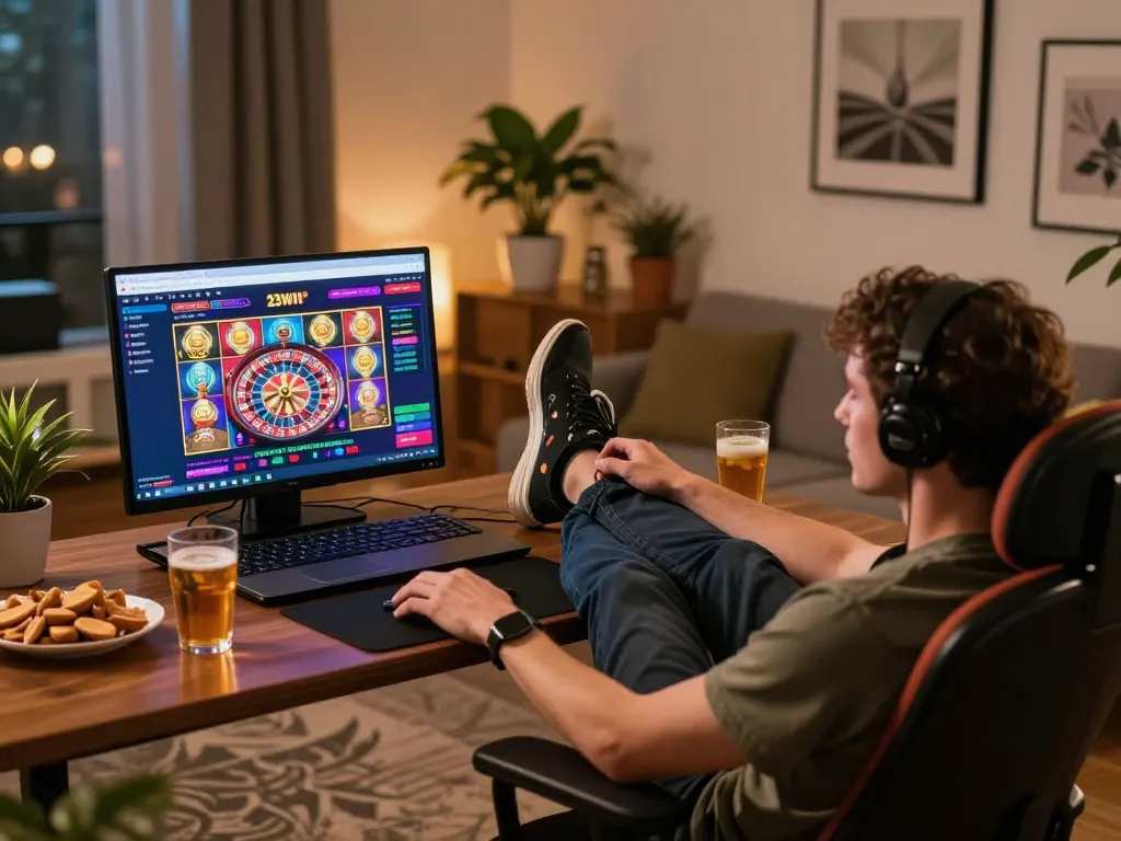 Engaging online gaming experience with 23WIN displayed on laptop, showcasing vibrant slot games and a cozy atmosphere