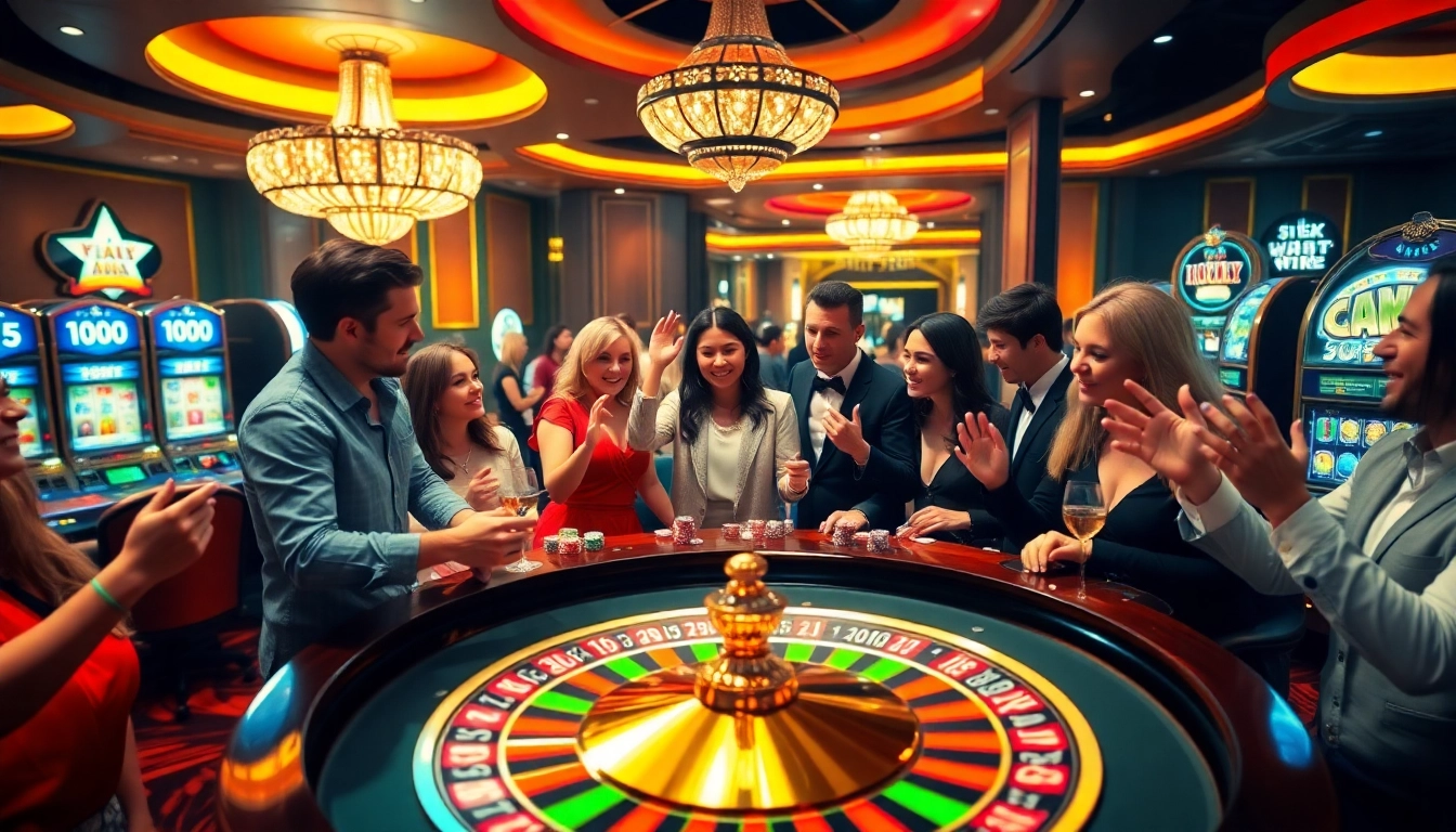 Hitclub gaming scene with enthusiastic players at a casino table filled with poker chips and cards.