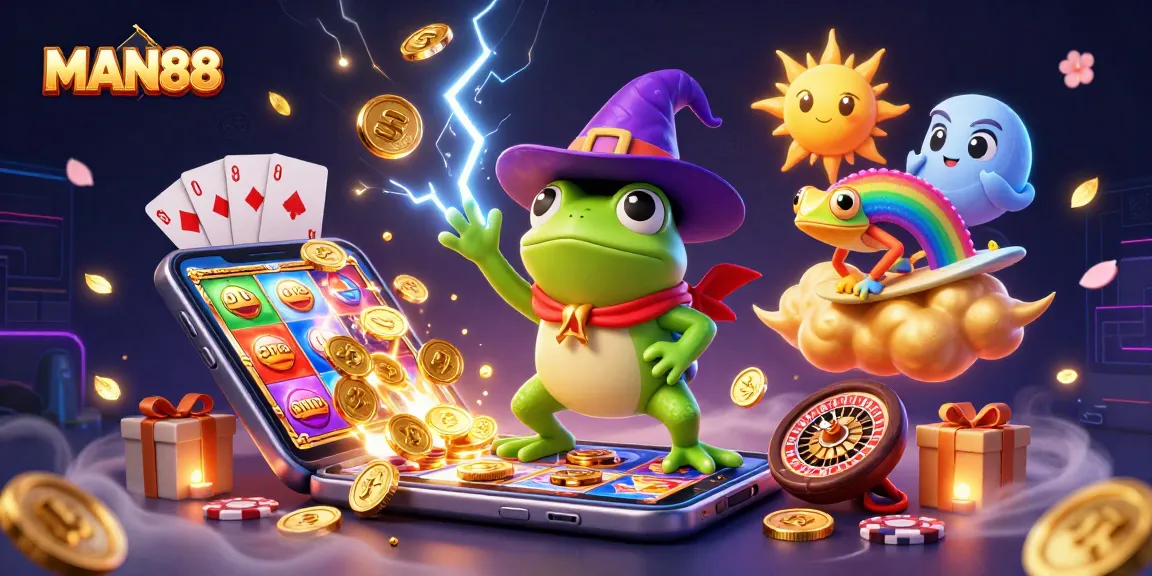 Experience winning thrills at MAN88, where a wizard frog unleashes golden coins in a vibrant casino scene.