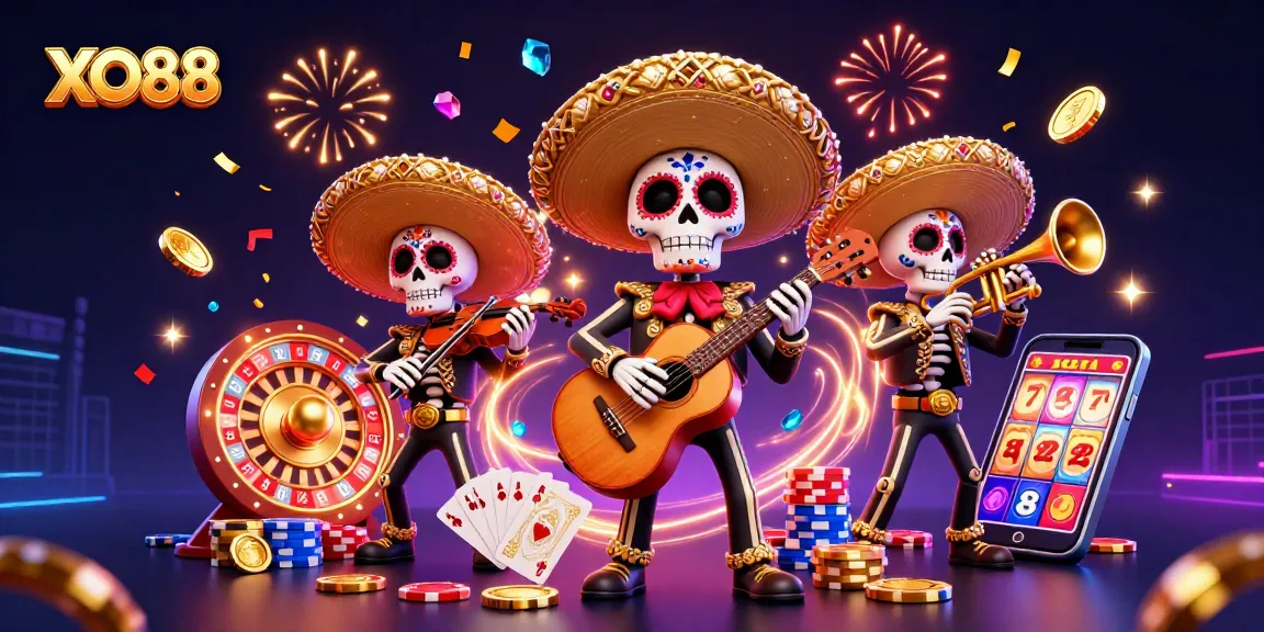Experience vibrant gameplay with XO88's Day of the Dead mariachi band and sparkling casino elements.