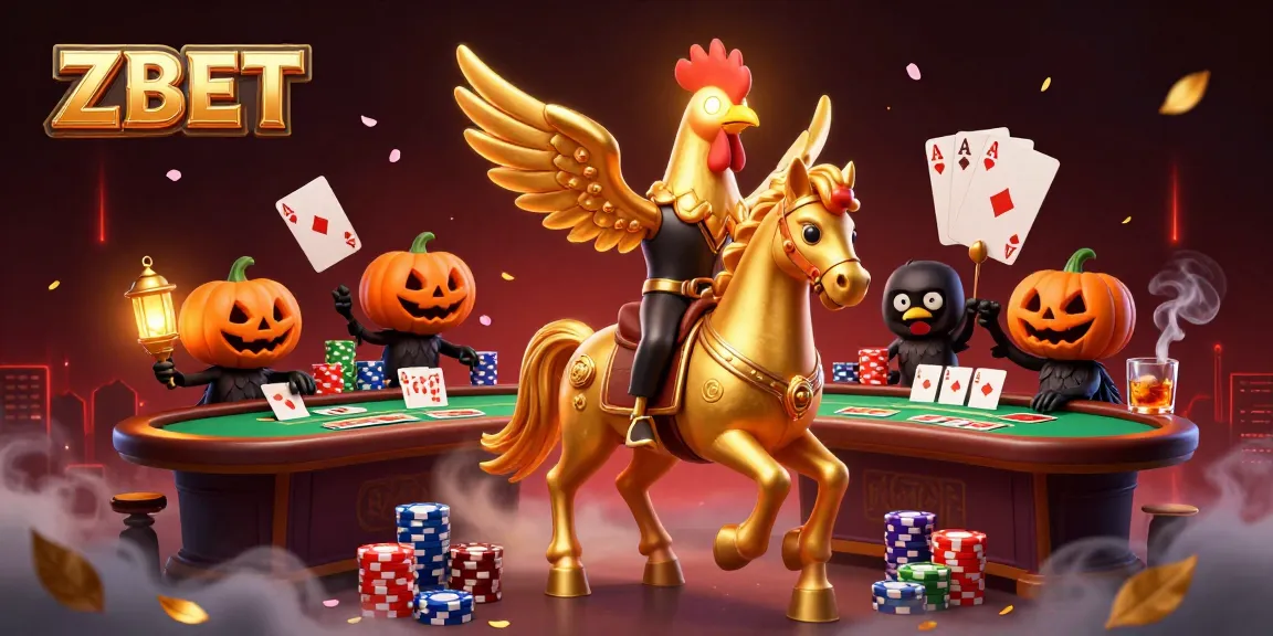 ZBET casino players enjoy an exciting poker table setup amid a mystical 3D casino scene.