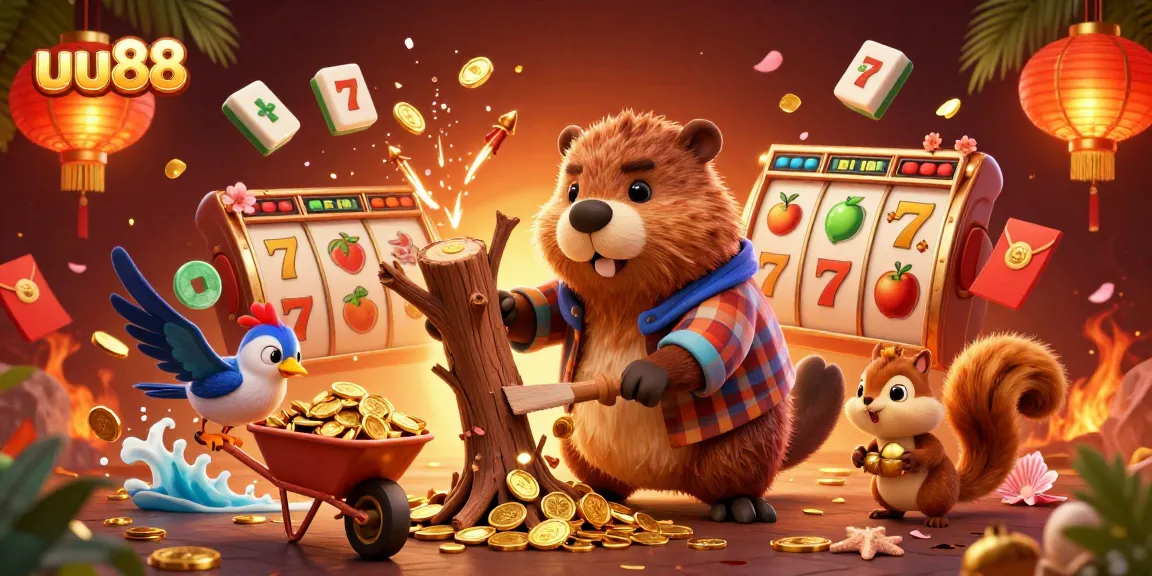 Spin the reels with uu88 featuring a beaver collecting coins amidst a burst of gaming elements.