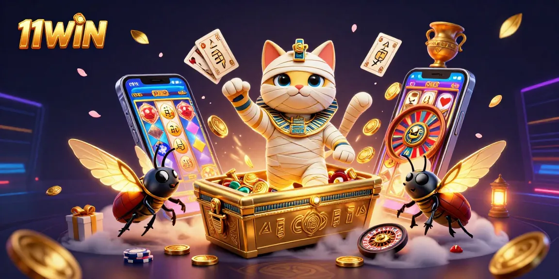 Engage with 11WIN's vibrant casino scene featuring a mummy cat, glowing winged beetle, and dynamic slot games.