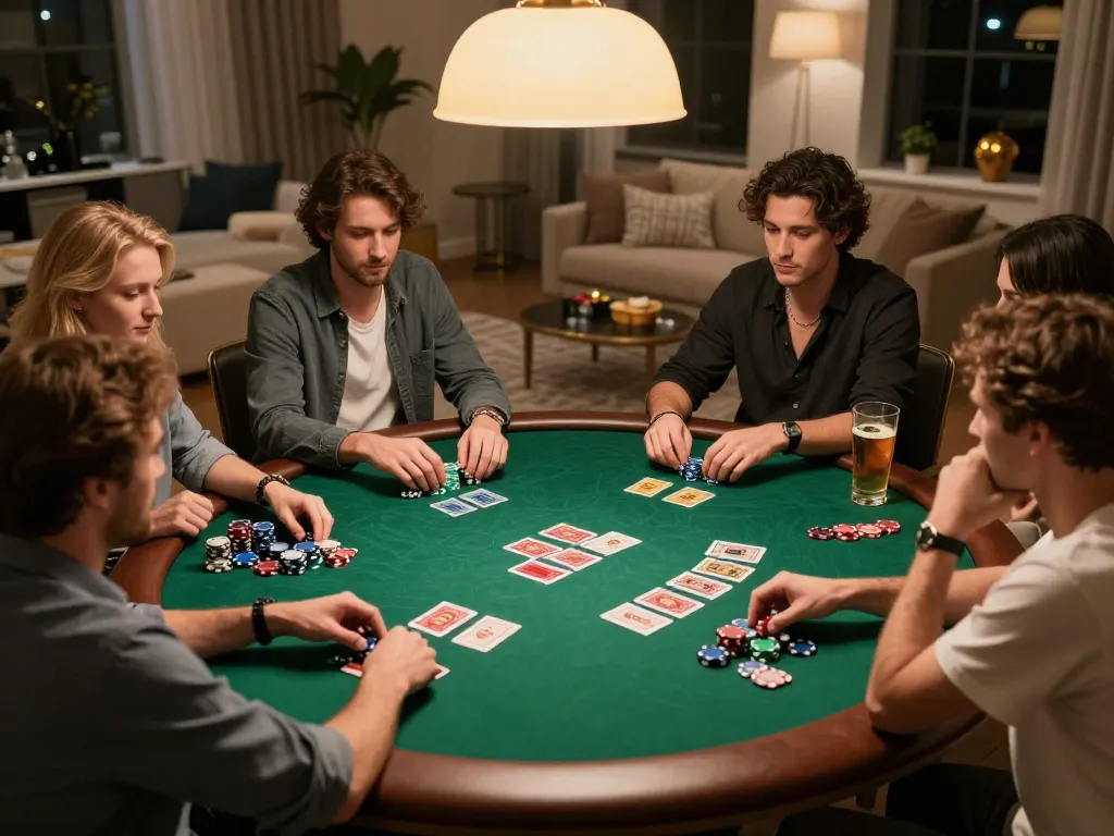 IWINCLUB players enjoying an intense poker game with chips and cards on the table.