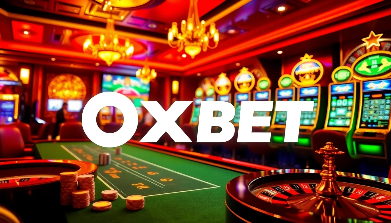 Players engaging with Nhà cái OXBET at vibrant casino tables featuring poker chips and roulette wheels.
