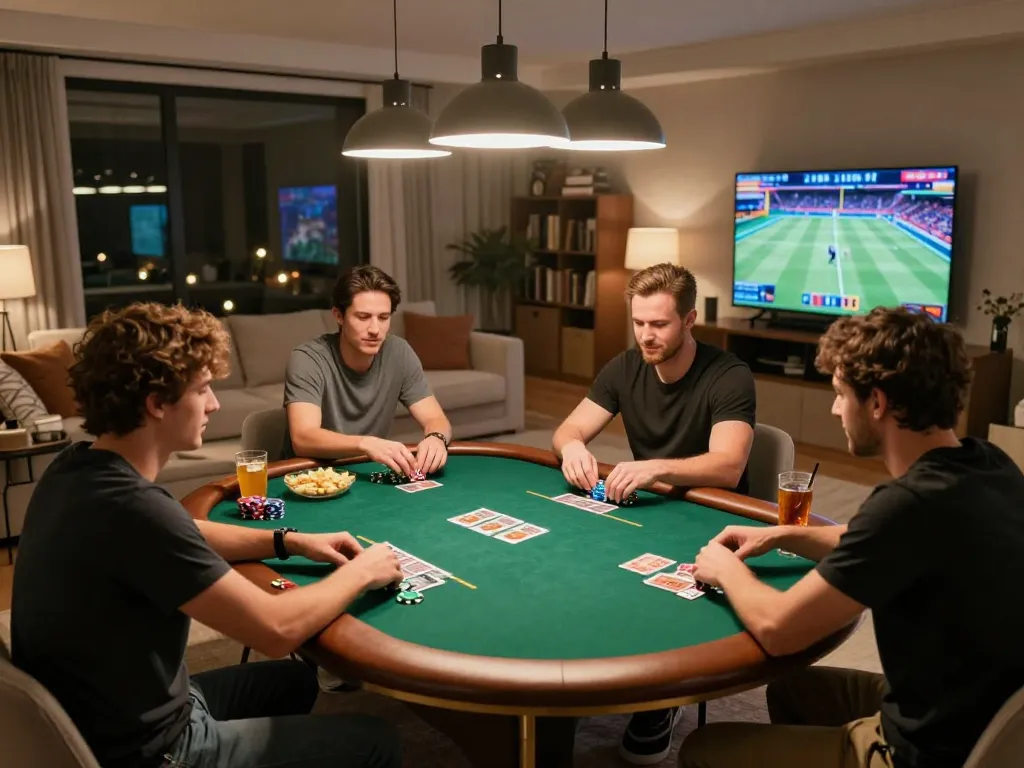 Friends enjoying a lively poker night featuring Red 88 chips and cards in a cozy living room.