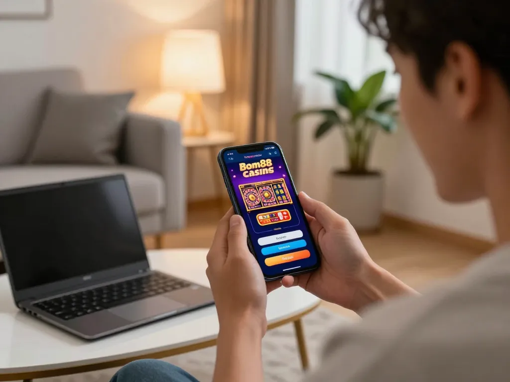 Witness the excitement of Login Bom88 with a player engaging in mobile gambling from their cozy home.