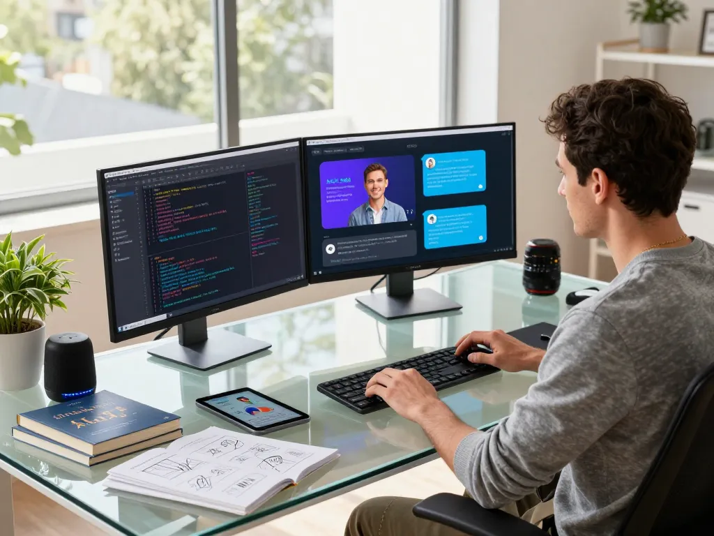 Developer crafting juicy ai interactions in a modern workspace, vibrant coding displays.