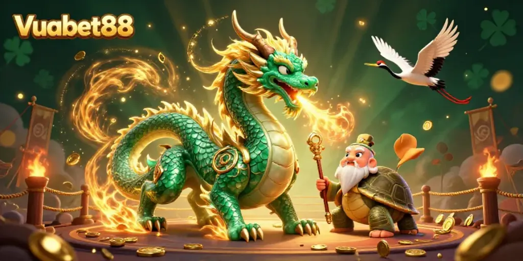 Engage in thrilling gameplay with Vuabet88's vibrant dragon and sage characters amidst a dynamic gambling scene.