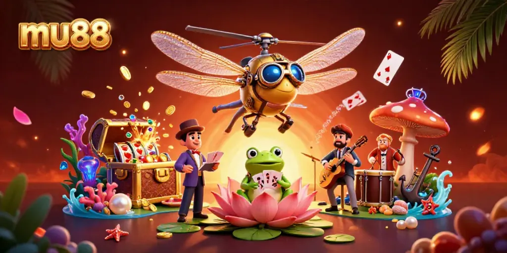 Experience thrilling gaming modes at mu88 with a vibrant, detailed cartoon casino scene featuring engaging characters.