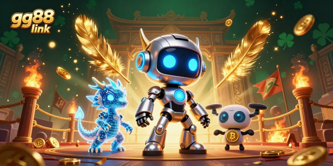 Engage with gg88 link as you experience a vibrant casino scene featuring a cyberpunk robot and a holographic AI dragon.