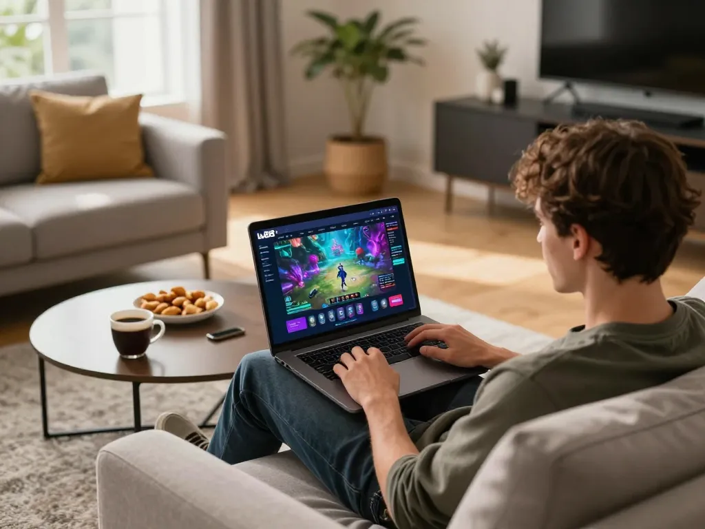 Person engaging in online gaming at home on lu88 platform, enjoying a vibrant interface with snacks nearby.