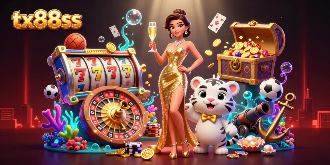 Experience vibrant gaming excitement with tx88ss featuring glamorous woman and a cute white tiger.