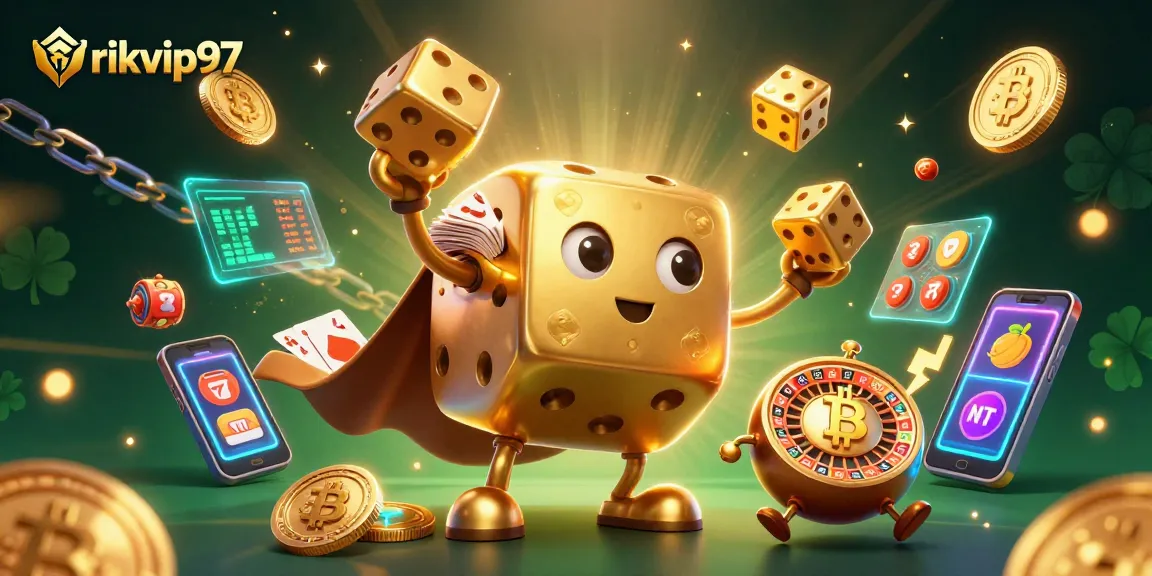 Experience thrilling adventures with rikvip97 at this animated casino scene featuring golden dice, crypto coins, and more.