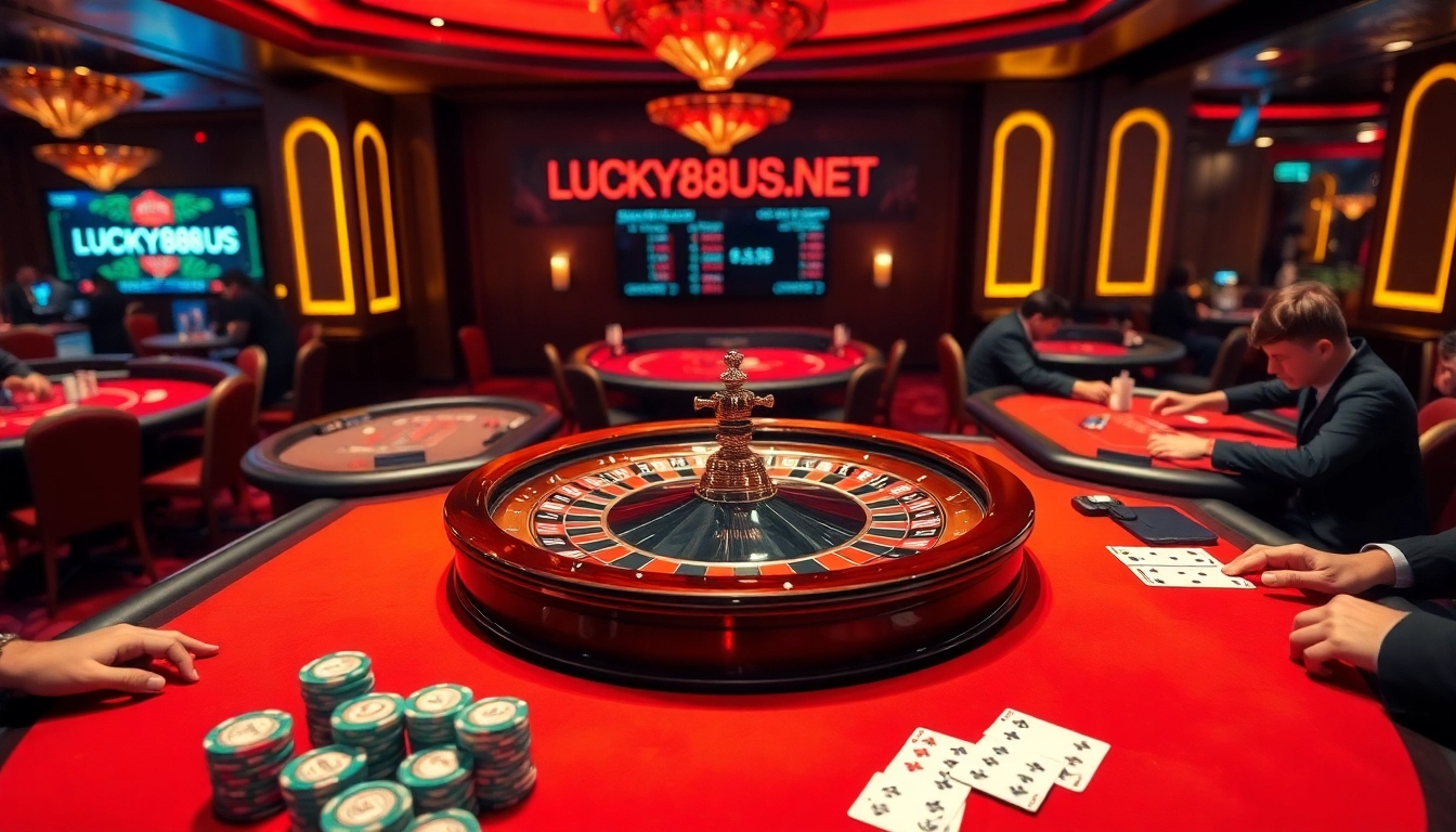 Experience high-stakes gameplay at LUCKY88US.NET with vibrant casino visuals featuring roulette and poker.