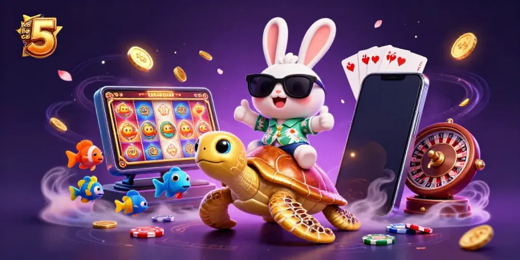 Experience excitement with keo nha cai 5 in a cartoon scene featuring a lucky rabbit and golden turtle.