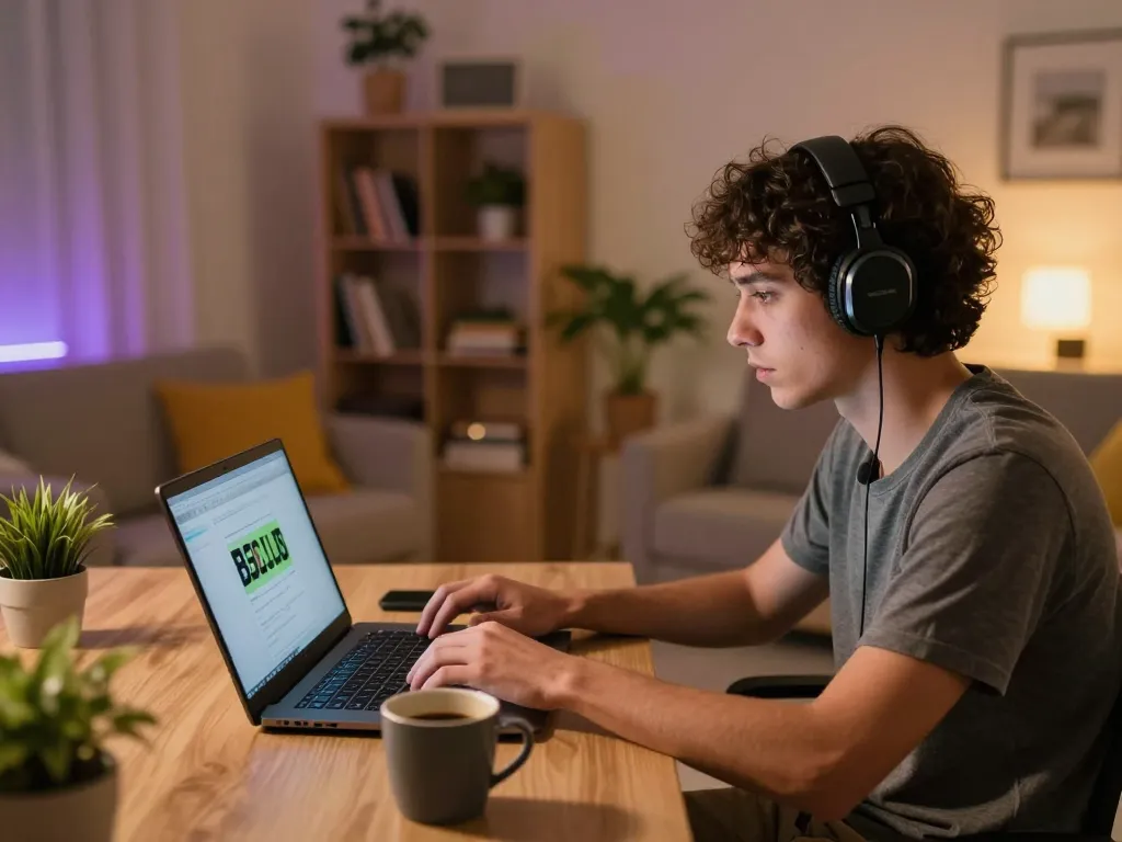 b52club player enjoying online gaming experience in a cozy living room with laptop and coffee.