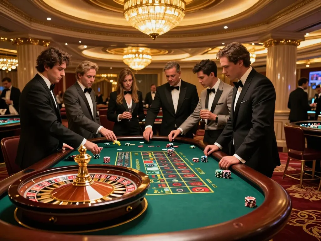 TX88 roulette table action in upscale casino, players engaged with anticipation and excitement.
