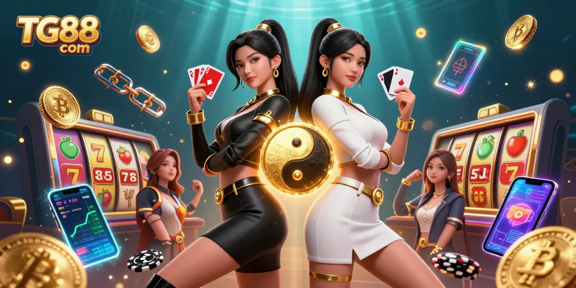 Engage with exciting gameplay at TG88 com featuring vibrant twin dealers, gaming cards, and jackpot symbols.