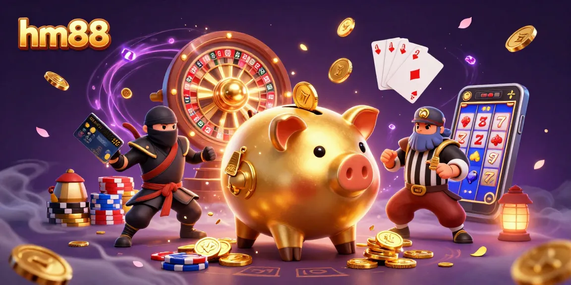 Experience thrilling gameplay with hm88's dynamic 3D illustration featuring a golden piggy bank wrestler amidst flying coins.