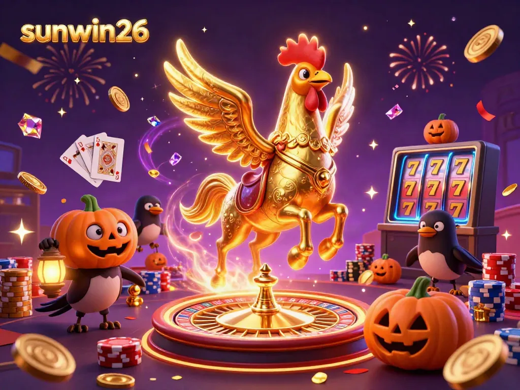 Engage in thrilling gaming with sunwin26 featuring a golden rooster, spectral horse, and flying gold coins.