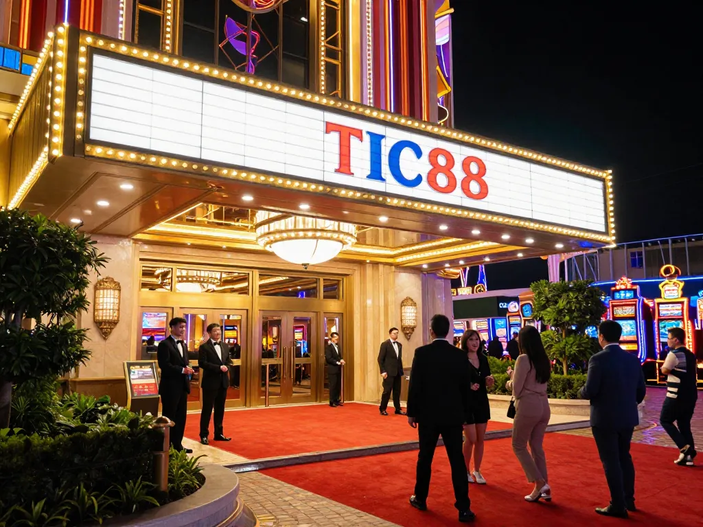 TIC88 casino welcoming guests at night with vibrant lights, lush landscaping, and a luxurious atmosphere.