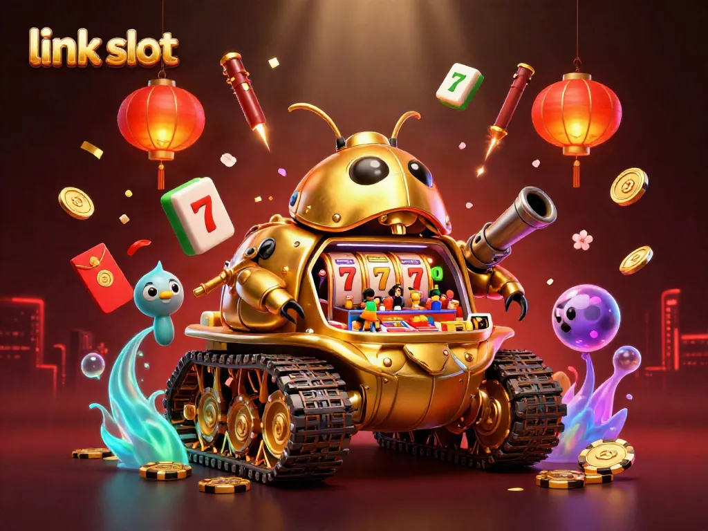Engage with the vibrant action of link slot as a golden beetle tank reveals a miniature casino scene.