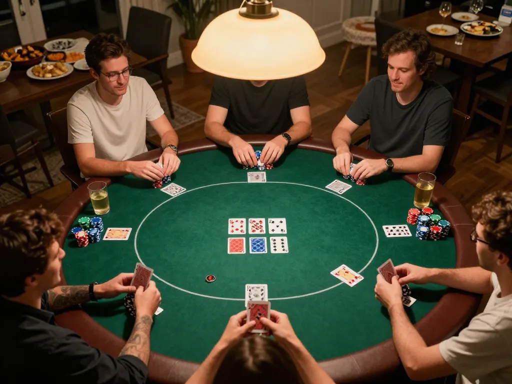 Players enjoy a lively poker game while using strategies at a home setting, showcasing go8s atmosphere.