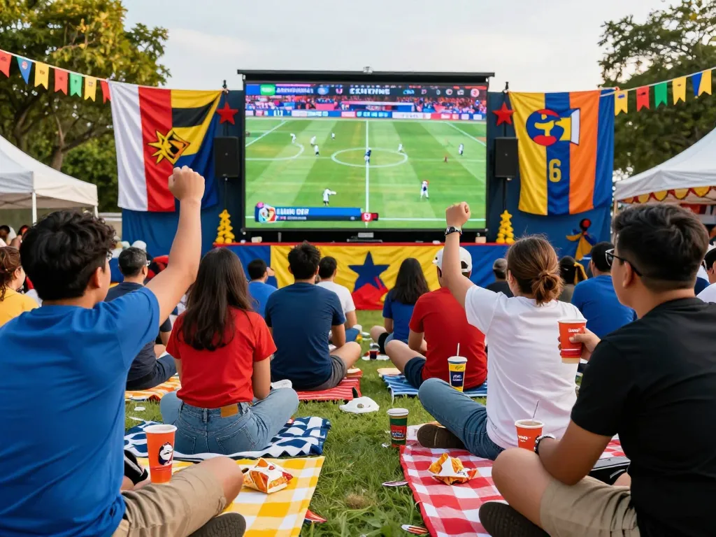 Fans enjoying live football matches on lương sơn tv outdoors, celebrating with snacks and flags.