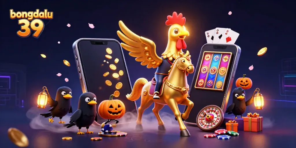 Experience the thrill of bongdalu 39 featuring a golden rooster and vibrant casino games in a magical atmosphere.