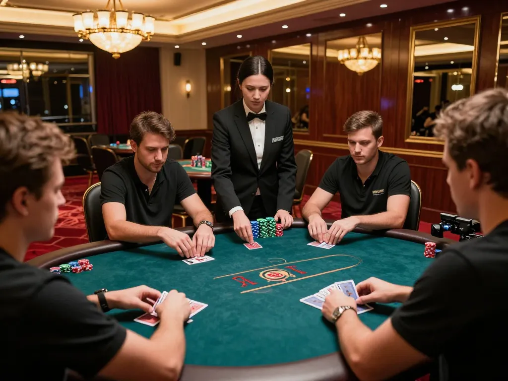 Players strategizing at a high-stakes i9bet poker table in a luxurious casino.