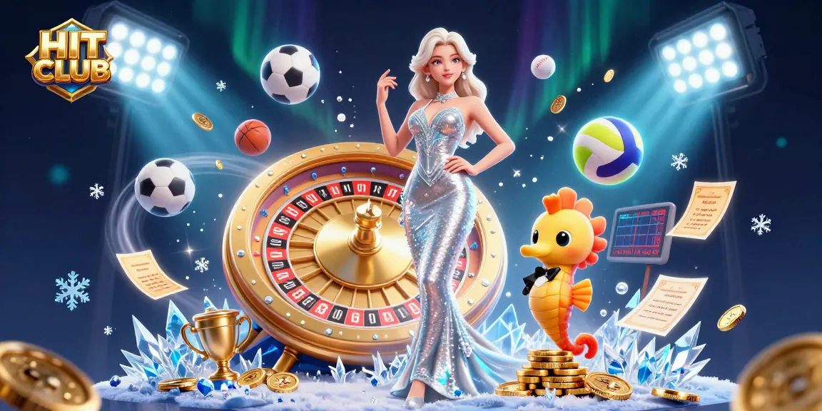 Experience the excitement of HIT CLUB with a glamorous mermaid by a roulette wheel and vibrant gaming elements.