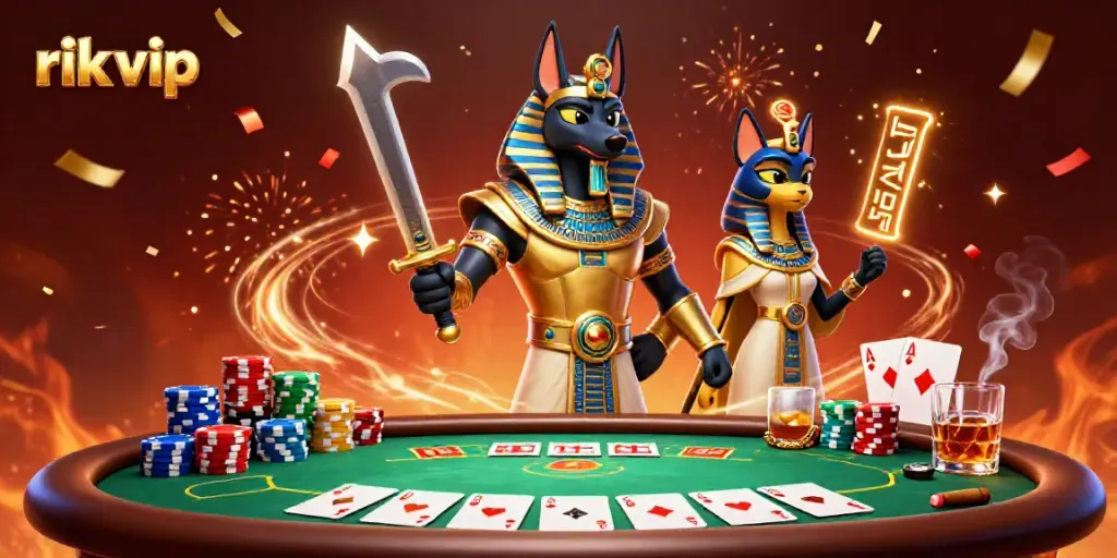 Engaging scene of rik vip players at a poker table, showcasing vibrant gaming elements and dynamic characters.