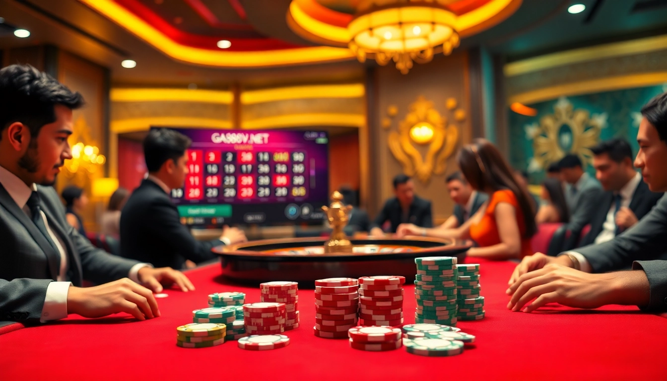 Poker players enjoying a thrilling game at GA888V.NET casino, capturing the excitement and luxury of gambling.