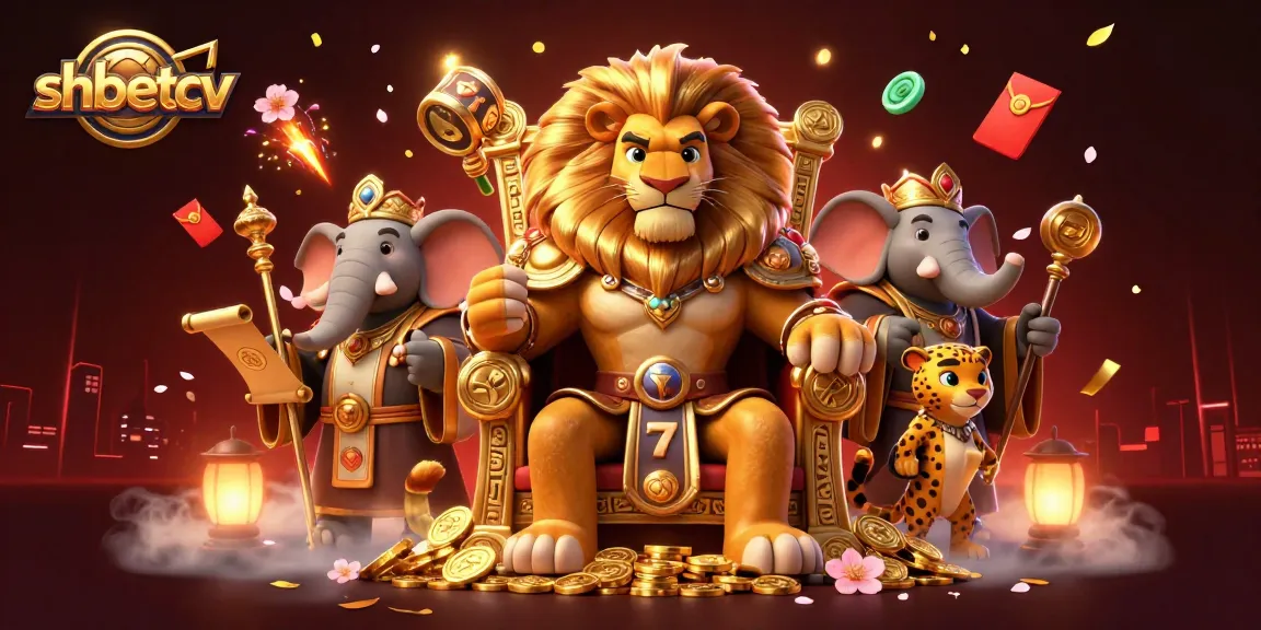 Experience the excitement of shbetcv with a vibrant 3D cartoon illustration featuring a lion king, elephant advisor, and cheetah messenger amidst dynamic gaming elements.
