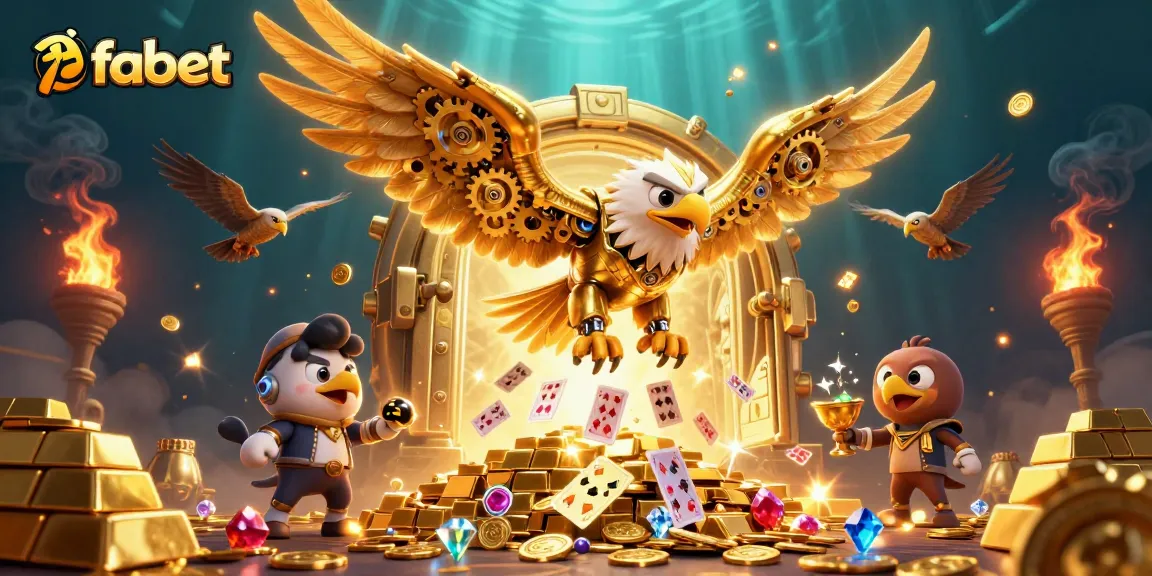 Experience fabet's vibrant casino atmosphere with golden treasures and a cybernetic eagle illustration.