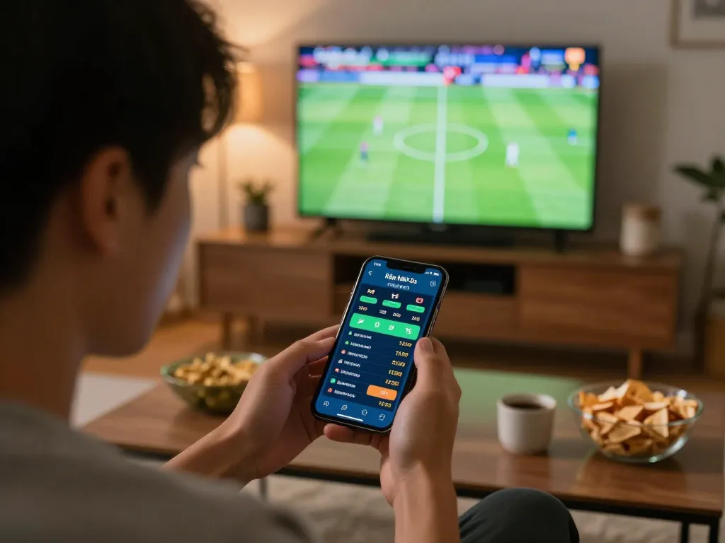 Engaging scene of live betting on kèo nhà cái 5 as a person analyzes odds on smartphone during a thrilling match.