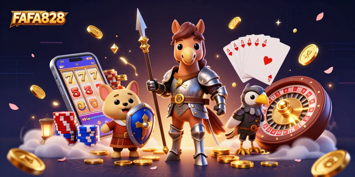 FAFA828 gamers enjoy big wins with a dynamic scene of knights, treasure, and slot machines.