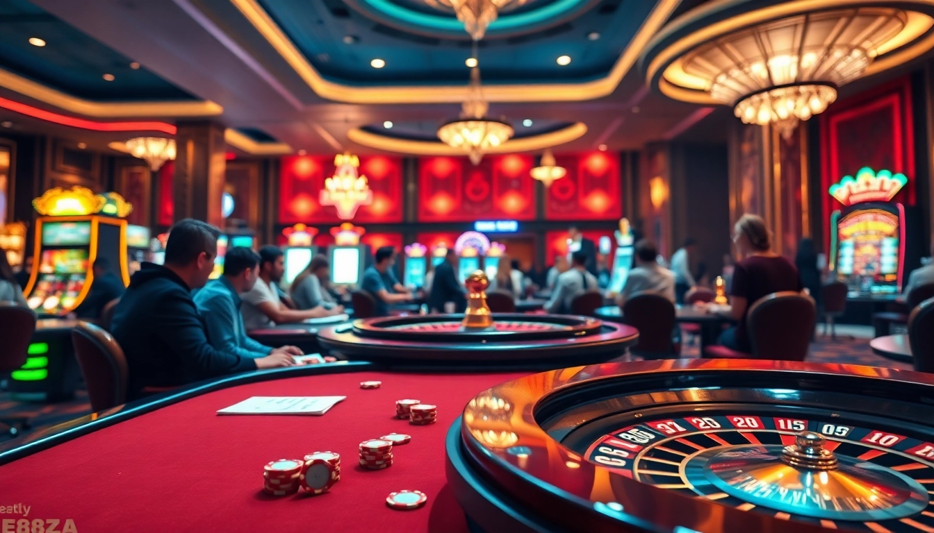 Experience thrilling gameplay at ONE88ZA.COM with glamorous poker tables and vibrant slot machines.