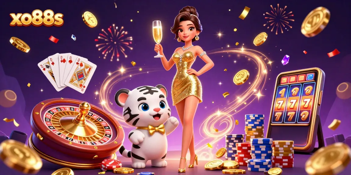 Experience winning thrills with xo88s, featuring a glamorous woman and a lucky tiger in a vibrant casino setting.