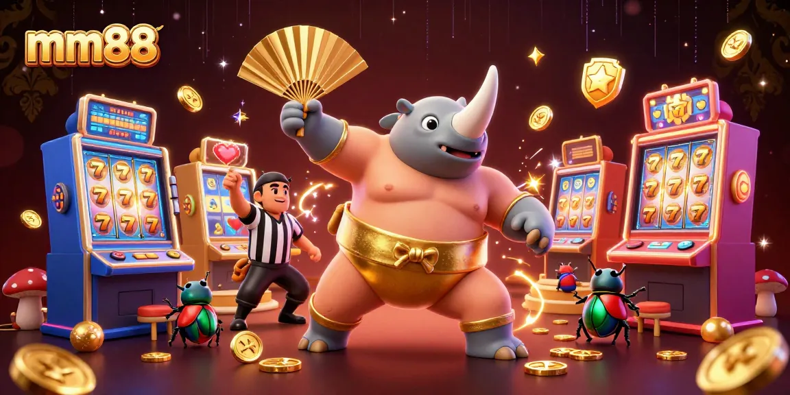 Experience thrilling moments at mm88 with a cartoon sumo beetle champion amid colorful slot machines.