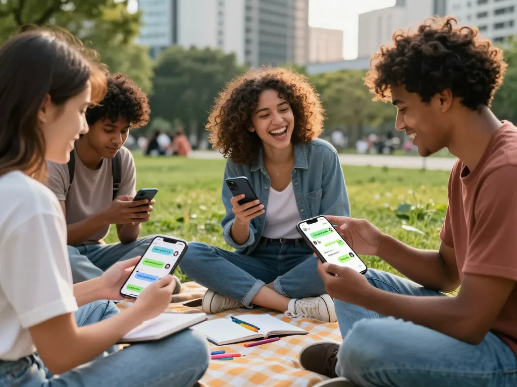 Engaging users interacting with spicy chat ai in a vibrant park, showcasing diverse friendships and technology.