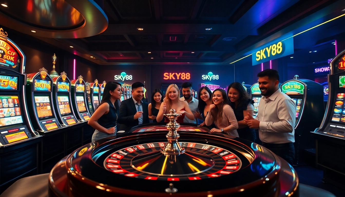 Players enjoy a thrilling session at the SKY88 casino with vibrant slot machines.