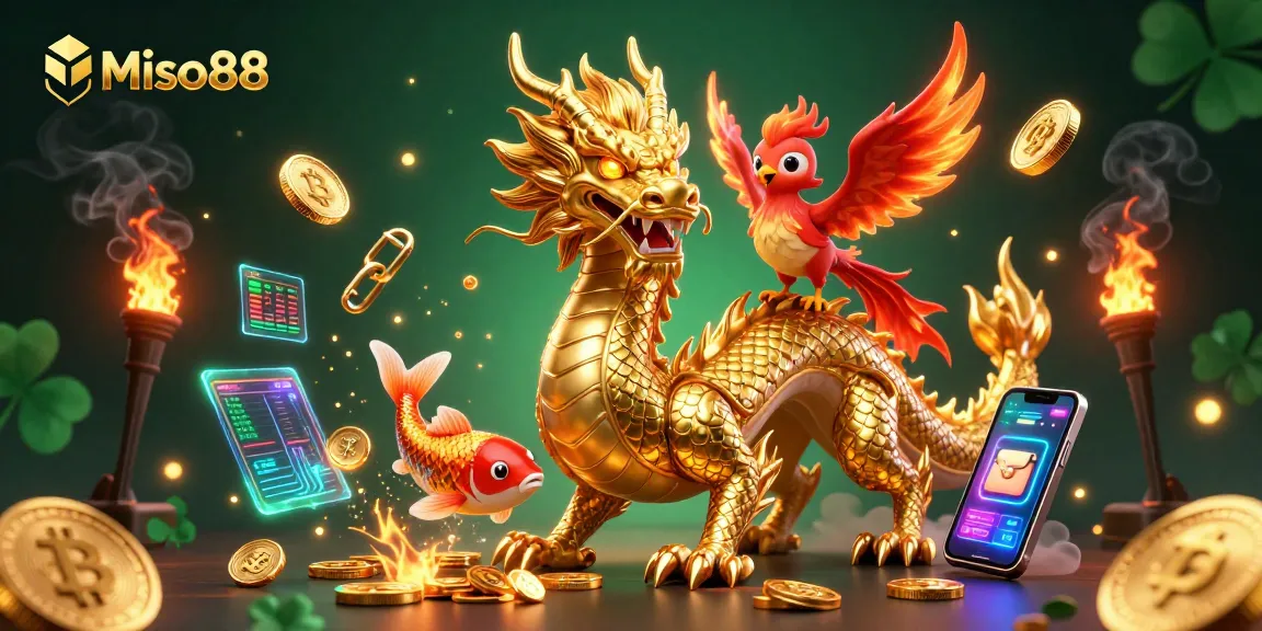 Miso88 showcases a dynamic 3D casino scene with a fierce dragon, phoenix, and koi fish amid floating cryptocurrency elements.