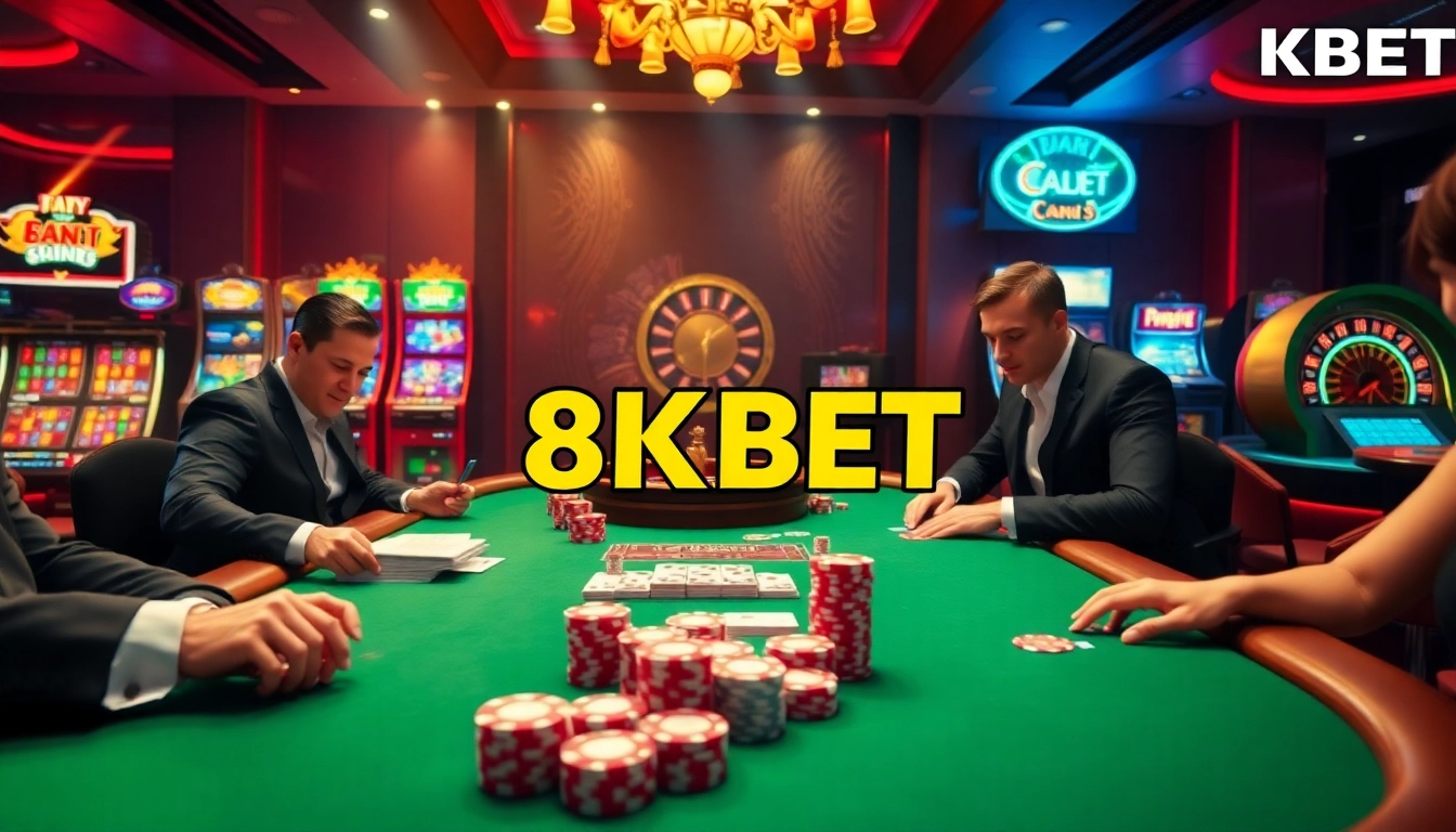 Experience the excitement of 8KBET with players at a vibrant poker table, chips, and cards.